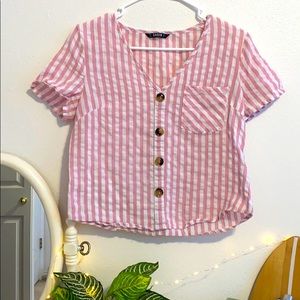 SHEIN Pink and White striped Buttoned T-shirt